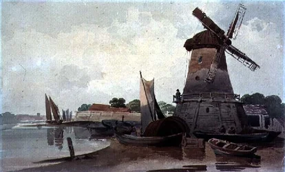 Uitzicht op de Theems, met molen en boten