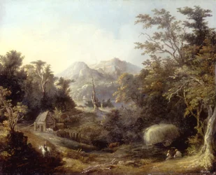 Landschap met boerderij en bergen