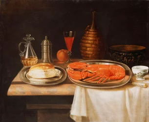 Een Stilleven met een Kreeft en Brood op Schalen, een Karaf Wijn en andere Items op een Gedeeltelijk Gedrapeerde Marmeren Ledge