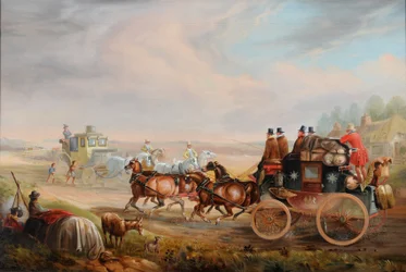 Hull-London Royal Mail ontmoet een reizende koets op de weg, c.1835