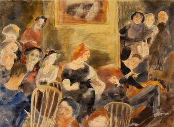 Interieur met een groep mensen rond een roodharige vrouw