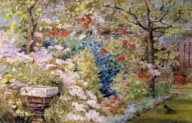 Een zomerse tuin. Zomertuin met vogels, bloemen en fontein. Schilderij van Charles Earle (1832-1893 Brits) Privécollectie