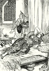 "Hij slaagde erin het kromzwaard te pakken te krijgen" (litho)