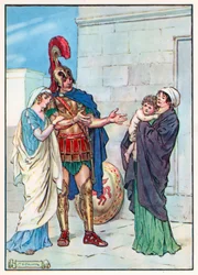 "Strekte zijn armen uit naar zijn lieve jongen" (kleurenlitho)