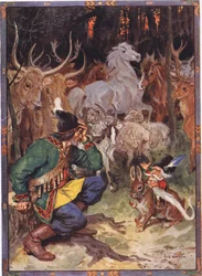 Hé! Goede man, ik weet wat je dwarszit, scène uit Sur de Adelaar in Kinderverhalen uit Roemeense legenden door Moses Gaster (1856-1939) 1921