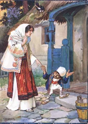 Kleine broer Bit nam zijn mooie bruid mee naar het huis dat hij voor haar had gebouwd, scène uit Kleine broer Bit in Kinderverhalen uit Roemeense legenden door Moses Gaster (1856-1939) 1921
