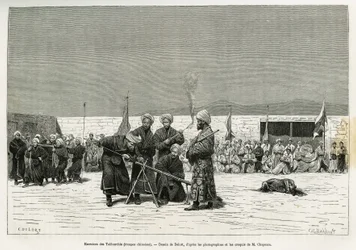 Oefeningen met het manipuleren van Taifourchi-bulwarkgeweren, troepen bewapend en getraind door het Chinese leger, tekening door Delort, ter illustratie van de herinneringen van een Engelse ambassade in Kachgar (of Kashi, China) in 1873-74, door de heren C