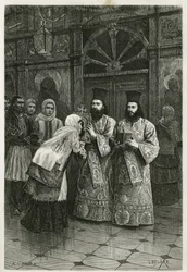 Priesters die heilige afbeeldingen aanbieden om te kussen, gravure van Ch. Delort ter illustratie van Henri Belles reis naar Griekenland in 1861, 1868 en 1874, gepubliceerd in Le Tour du monde onder leiding van Édouard Charton