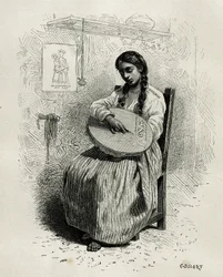 De borduurster, in Salento, regio Quindio (Colombia), gravure door Ch.Delort, ter illustratie van het verhaal van Amerika Equinoxiale door E.Andre, missieopdracht door de Franse regering, gepubliceerd in Le tour du monde, onder leiding van Edouard Charton