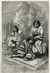 Het verwennen van een kind door zijn moeder en de productie van riet eau de vie (rum), nabij Cali (Cauca Valley, Colombia), gravure door Ch. Delort, ter illustratie van het verhaal van Equinoxiale Amerika door E. Andre, een missieopdracht door de Franse re