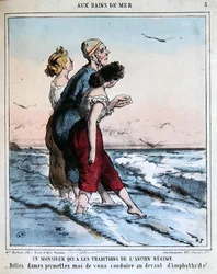 Traditionele man begeleidt twee jonge dames naar het strand, c.1850-70