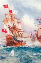 When Blake Swept the Seas: Een strijd tussen admiraal Blake en Van Tromp (kleurenlitho)