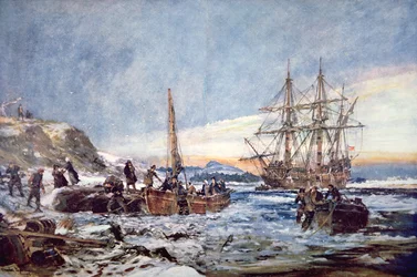 Landing van de Pilgrim Fathers in Plymouth, New England in 1620