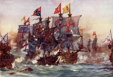 Het laatste gevecht van de Revenge, bij Flores, op de Azoren, 1591