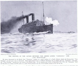 De openingsactie tussen de bewapende lijnschepen Carmania en Cap Trafalgar, Zuid-Atlantische Oceaan, september 1915