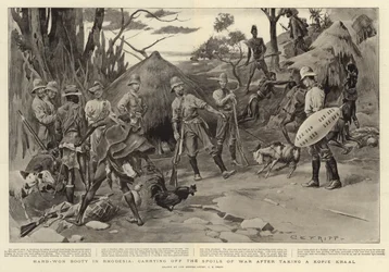 Moeilijk gewonnen buit in Rhodesië, het wegdragen van de oorlogsbuit na het innemen van een Kopje Kraal