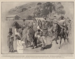 Hindoe-vluchtelingen in Ladysmith, scheiding van de mannen van de vrouwen en kinderen