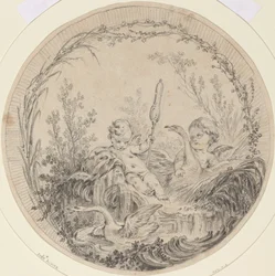 Twee putti spelen met zwanen