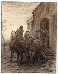 Boer met twee paarden en vrouw die de weg wijst