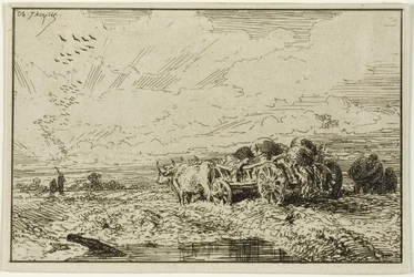 Landschap met door ossen getrokken wagen