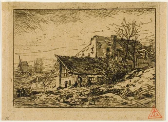 Landschap met boerenwoningen en molen