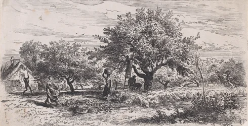 Fruit plukken van boom buiten huisje, ca. 1852