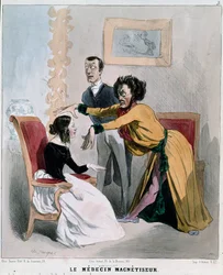 Serie “zieken en dokters”: de magnetist dokter. Cartoon van een hypnotiseur midden in hypnose over een patiënt. Gravure door Charles Jacques