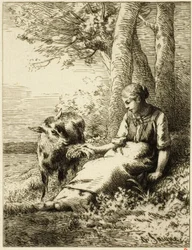 Herder met Kudde Schapen aan de Rand van het Bos
