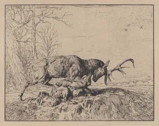 Hert vecht met een wolf, naar Antoine Louis Barye, 1846