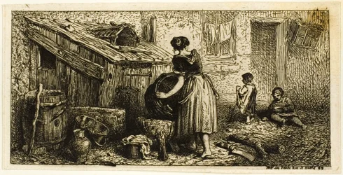 Vrouw die potten wast, met kinderen