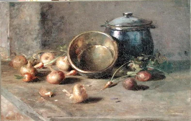 Stilleven (kruik, ketel en uien)