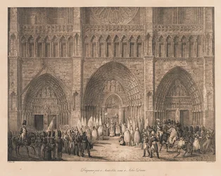 Vlaggen Gevangen bij Austerlitz Ontvangen in Notre Dame, begin 19e eeuw (litho)