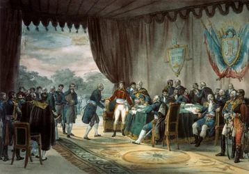 Ondertekening van het Verdrag van Mortefontaine op 30/09/1800 waarbij Frankrijk (vertegenwoordigd door Napoleon Bonaparte (1769-1821)) Louisiana verkoopt aan de Verenigde Staten. Lithografie door C. Motte (19e eeuw) Parijs, B.N.