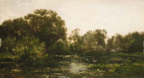 Een rivierlandschap met ooievaars, 1864
