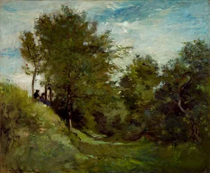 Landschap met Figuren zittend op een Oever, late 1870s