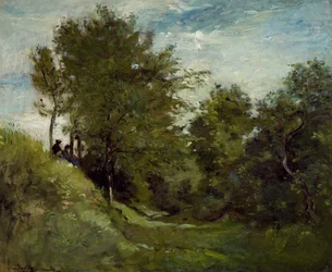 Landschap met figuren zittend op een bank, late 1870s