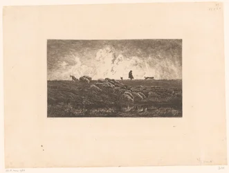 Landschap met herder en schapen tijdens een regenbui