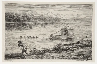 De scheepsjongen sleept de lijn