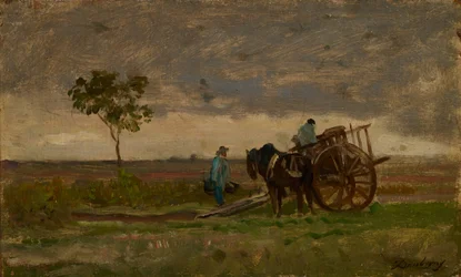 Uitgestrekt landschap met boerenkar