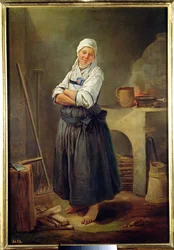 Een Saksische dorpsbewoner in haar keuken