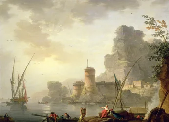 Een mediterrane haven bij zonsondergang