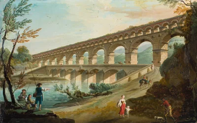 Een rivierlandschap met figuren op een weg naast een dubbel aquaduct (olieverf op doek)