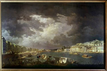 Grenzen van de Saône in Lyon. Links handelsactiviteiten. Schilderij door Charles François Nivard (1739-1821) 1804