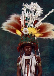 Een Roro-hoofdman gekleed voor een ceremoniële dans, Papoea-Nieuw-Guinea, 1920