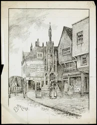 Een uitzicht vanuit het noordwesten van de Butter Cross, High Street, Winchester, Hampshire (pen en inkt op papier)