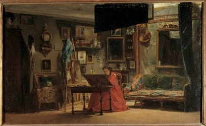 Prinses Mathilde (1820-1904) in haar atelier, rue de Courcelles. Prinses Mathilde-Letizia Bonaparte voor haar bureau. Schilderij door Sebastien Charles Giraud (1819-1892), 19e eeuw. Dim 0,32 x 0,52 m Parijs, Musee Carnavalet