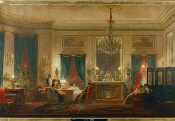 De salon van prinses Mathilde, dochter van koning Hiëronymus en koningin Catharina van Württemberg, in de rue de Courcelle in Parijs ... (olieverf op doek)