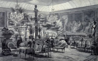 Wintertuin van prinses Mathilde, tekening in grijze inkt en gouache door Charles Giraud (1819-1892)