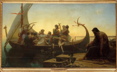 Verloren illusies of avond Een allegorische scène met personages op een vertrekkende drakkar, een man blijft op de kade met een lier.