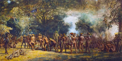 Kannibalenfeest op het eiland Tanna, Vanuatu, ca. 1887